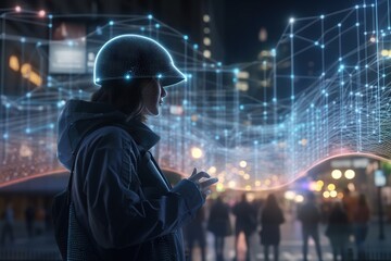 Poster - A Woman In A Helmet Looking At Her Cell Phone In A City Construction Site Stereoscopic Photography Augmented Reality Generative AI 