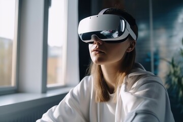 Poster - A Woman Wearing A White Shirt And A White Vr Goggles Workshop Stereoscopic Photography Virtual Reality Generative AI 