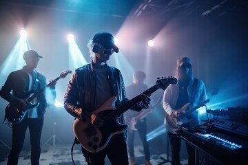 Poster - A Band Playing Music In A Dark Room With Lights On The Stage Recording Studio Concert Photography Live Performance Generative AI 
