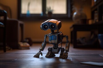 Poster - A Robot Is Standing On The Floor In A Living Room With A Window Junkyard Photorealism Artificial Intelligence Generative AI 