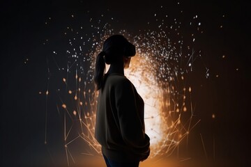 Fototapete - A Woman Standing In Front Of A Firework Display With A Ponytail Workshop Stereoscopic Photography Virtual Reality Generative AI 