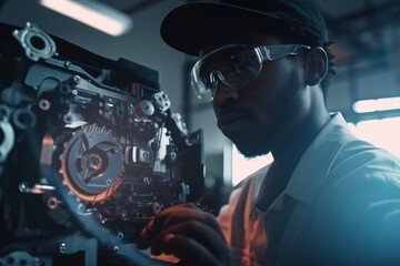Poster - A Man In A Factory Working On A Machine With Safety Goggles Car Repair Shop Advertising Photography Robotics Engineering