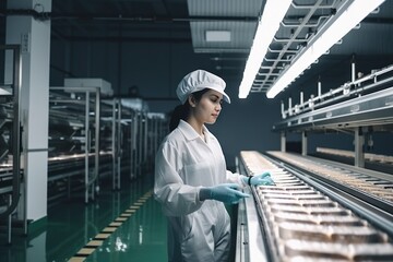Poster - A Woman In A White Coat And Hat Is Working On A Conveyor Belt Factory Advertising Photography Manufacturing Planning And Control