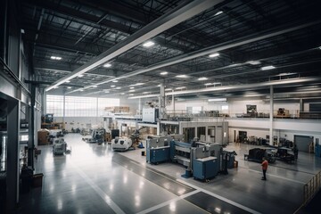 Poster - A Factory With A Lot Of Machines And People Working On It Workshop Panoramic Photography Manufacturing Planning And Control Generative AI 