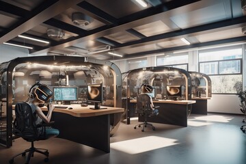 Poster - A Person Sitting At A Desk In A Room With A Lot Of Mirrors Workshop Panoramic Photography Robotics Engineering Generative AI 