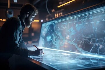 Poster - A Man Writing On A Piece Of Paper In Front Of A Computer Screen Conference Room Advertising Photography Manufacturing Planning And Control Generative AI 