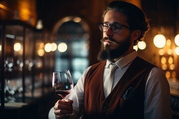 Poster - A Man With A Beard Holding A Glass Of Wine In A Dimly Lit Room Winery Advertising Photography Wine Generative AI 