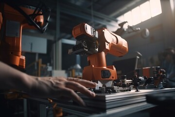 Poster - A Person Is Working On A Machine In A Factory With Other Workers Factory Kinetic Art Robotics Engineering Generative AI 