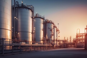 Poster - A Large Industrial Plant With Many Tanks And Pipes At Sunset Or Dawn Wastewater Treatment Plant Environmental Art Manufacturing Planning And Control