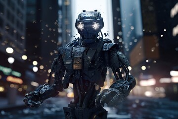 Poster - A Robot Standing In The Middle Of A City At Night With Lights On Junkyard Photorealism Artificial Intelligence Generative AI 