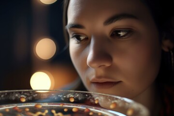 Poster - A Woman Looking At A Plate Of Food With A Blurry Background Aquarium Photorealism Scientific Photography Generative AI 