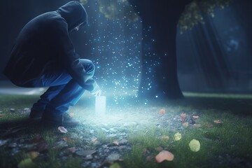 Fototapete - A Man Kneeling Down In The Grass With A Glowing Light In His Hand Forest Long Exposure Photography Energy Healing
