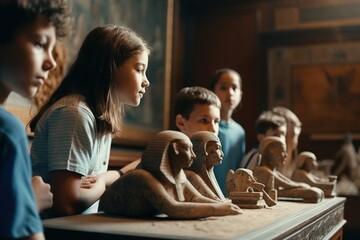 Poster - A Group Of Children Looking At A Statue Of A Sphinx And Other Figures Art Museum Video Art Museums Generative AI 