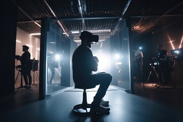 Poster - A Man Sitting On A Stool In A Dark Room With Lights Workshop Stereoscopic Photography Virtual Reality Generative AI 