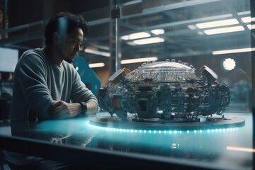 Poster - A Man Sitting At A Table Looking At A Model Of A Spaceship Conference Room Origami Set Design
