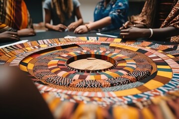 Poster - A Group Of People Sitting Around A Table With A Circular Design On It Workshop Weaving African Culture Generative AI 
