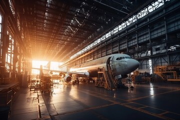 Poster - A Large Jetliner Sitting Inside Of A Hangar Under A Sun Factory Advertising Photography Manufacturing Planning And Control Generative AI 