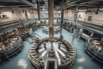 Poster - A Large Room With A Bunch Of Machines In It's Center Water Treatment Plant Long Exposure Photography Industrial Photography Generative AI 