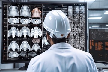 Poster - A Man In A Hard Hat Looking At A Computer Screen With X - Ray Images Workshop Advertising Photography Medical Imaging