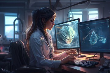 Poster - A Woman Sitting At A Desk With A Computer And A Monitor Hospital Realism Medical Writing Generative AI 