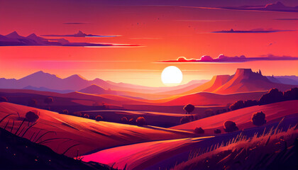 Poster - Sunset over rural meadow and mountain range ,generative AI