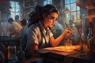 Poster - A Woman In Glasses Is Working On A Piece Of Art In A Lab Workshop Renaissance Science Writing Generative AI 