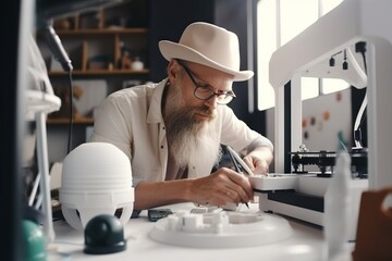 Poster - A Man In A White Hat Is Working On A Project In A Lab Workshop Advertising Photography Robotics Engineering Generative AI 