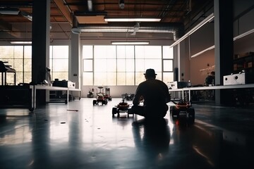 Poster - A Man Is Sitting On The Floor In A Large Room With A Robot Workshop Time-lapse Photography Robotics Engineering Generative AI 