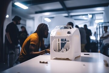 Poster - A Man Sitting At A Table With A White Model Of A Birdcage Workshop Assemblage Industrial Design Generative AI 