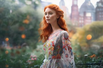 Poster - A Woman With Red Hair Is Standing In A Garden With Flowers English Garden Fine Art Photography Fine Art Photography Generative AI 