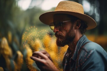 Poster - A Man With A Hat And Glasses Looking At His Cell Phone Orchard Long Exposure Photography Portrait Photography