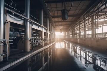 Poster - A Large Industrial Building With A Lot Of Pipes And Windows On The Side Wastewater Treatment Plant Advertising Photography Industrial Photography Generative AI 