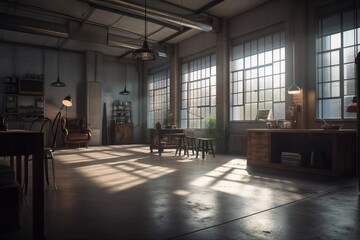 Poster - A Room With A Lot Of Windows And A Table With Chairs Abandoned Industrial Warehouse Interior Photorealism Interior Photography