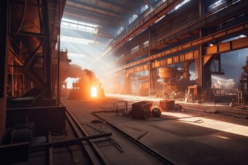 Poster - A Factory With A Lot Of Machinery And A Lot Of Smoke Abandoned Factory Interior Photorealism Industrial Photography Generative AI 