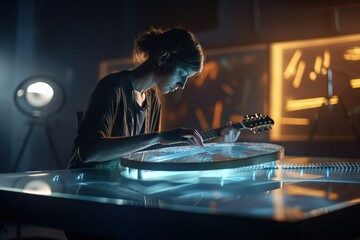 Poster - A Woman Playing A Guitar In A Dark Room With A Light On Science Museum Kinetic Art Instrumental Performance Generative AI 