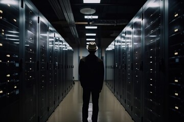 Poster - A Man Standing In A Hallway Between Rows Of Servers In A Data Center Newsroom Video Art Cybersecurity