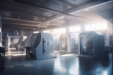 Poster - A Large Room With Machines And A Lot Of Windows In It Workshop Advertising Photography Manufacturing Planning And Control Generative AI 