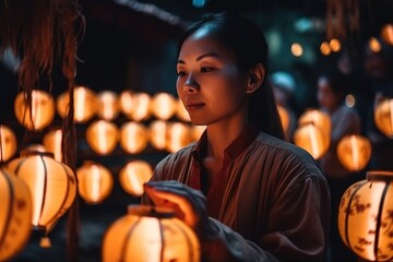 Poster - A Woman Standing In A Room Full Of Lit Lanterns With A Cell Phone Orchard Travel Photography Chinese Culture Generative AI 