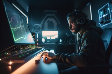 Poster - A Man Wearing Headphones Sitting At A Desk With A Computer Recording Studio Advertising Photography Cybersecurity