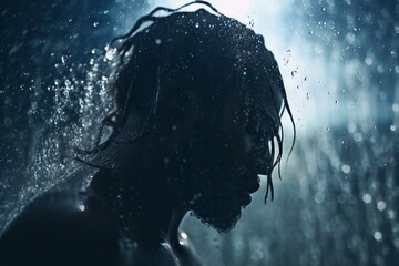 Poster - A Man With Dreadlocks Standing In The Rain With His Head In The Air Waterfall Fine Art Photography Fine Art Photography Generative AI 