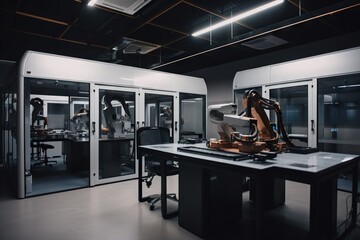 Poster - A Room With A Table And A Robot On It's Side Workshop Bronze Casting Manufacturing Planning And Control Generative AI 