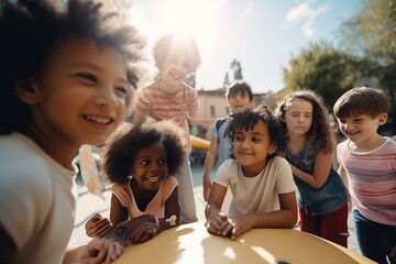 Poster - A Group Of Children Standing Around A Yellow Surfboard In A Park Amusement Park Advertising Photography Diversity And Inclusion Generative AI 