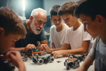 Poster - A Group Of Kids And An Older Man Looking At A Robot Workshop Advertising Photography Engineering Education Generative AI 