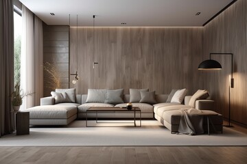 Modern grey living room with large windows. generative ai