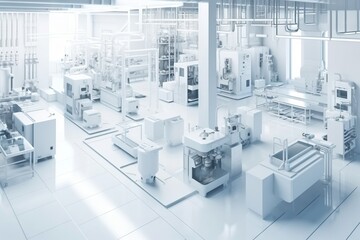 Poster - A Large Room With Many Machines And Tables In It All In White Factory Assemblage Manufacturing Planning And Control