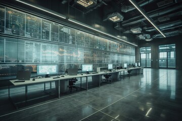 Fototapete - A Large Room With Multiple Computers On A Long Table And A Large Window Conference Room Architectural Photography Manufacturing Planning And Control