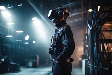 Poster - A Man In A Space Suit Standing In A Dark Room With Lights Construction Site Stereoscopic Photography Virtual Reality Generative AI 