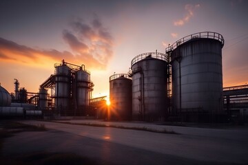 Poster - A Sunset Behind A Large Industrial Plant With A Lot Of Tanks Abandoned Factory At Sunset Panoramic Photography Industrial Photography Generative AI 