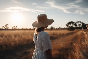 Poster - A Woman In A White Dress And Hat Standing In A Field Country Road Portrait Photography Portrait Photography Generative AI 