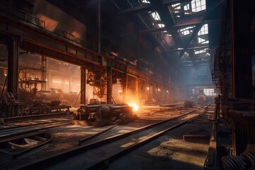 Poster - A Train Is Going Through A Large Industrial Area With A Lot Of Steel Abandoned Factory Interior Panoramic Photography Industrial Photography Generative AI 